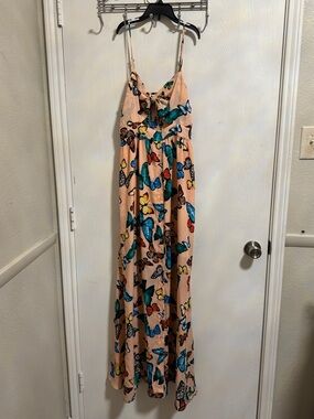 Buddy Love Peach Butterfly-Print Spaghetti Strap Kendall Maxi Dress Lrg Colorful